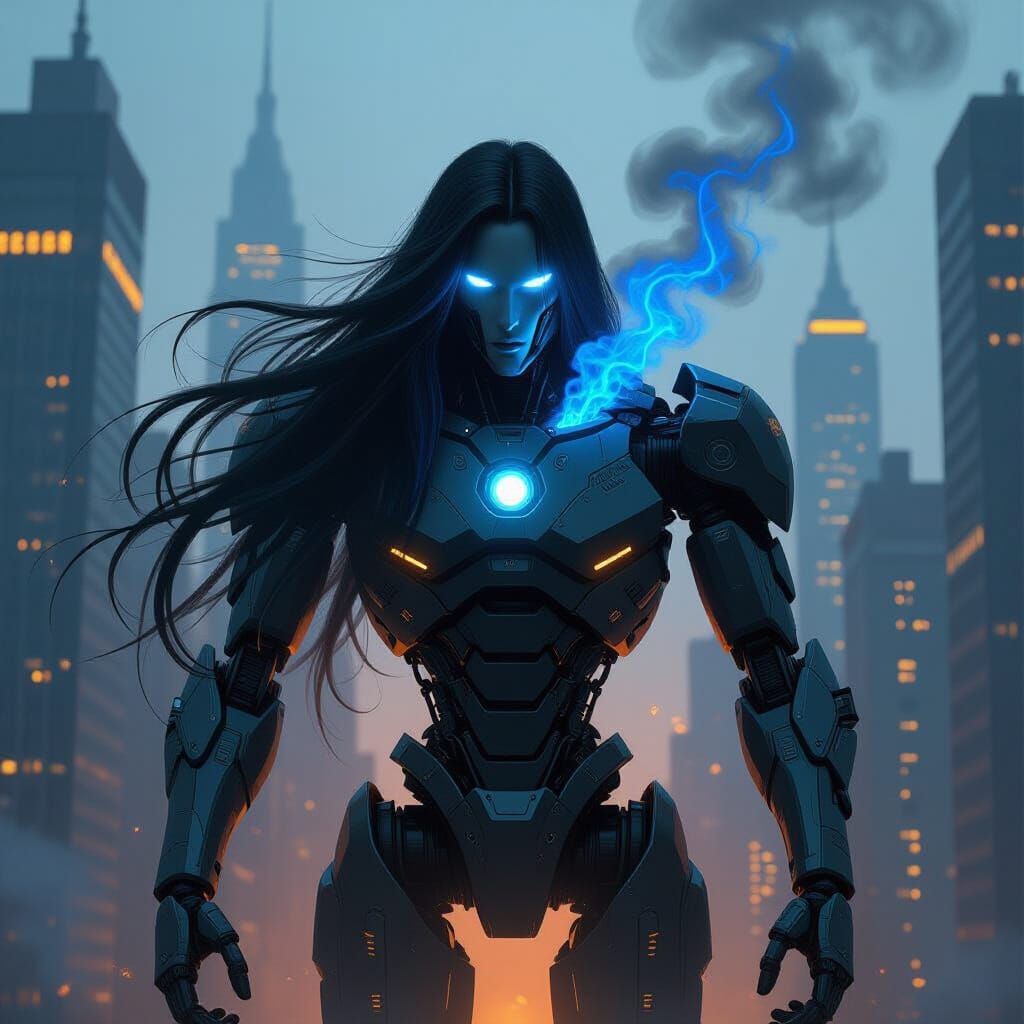 Menacing Robot in Cyberpunk Cityscape