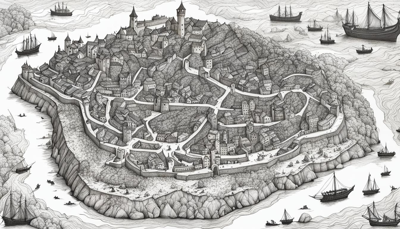 Medieval Coastal City Map in Black and White Ink