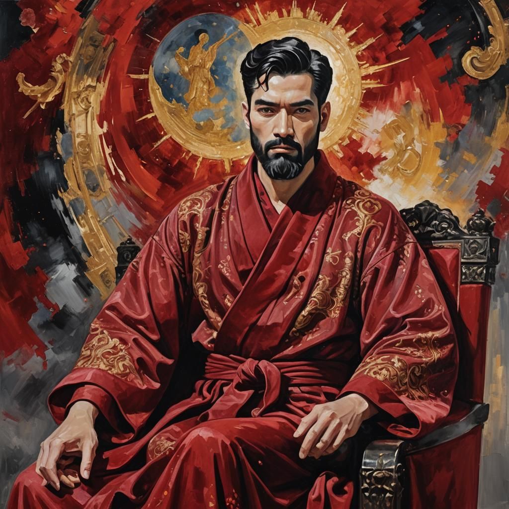 God on Celestial Throne in Red Velvet: Impressionist Oil Pai...