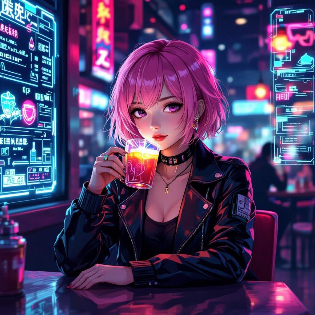 Anime Girl in Cyberpunk Cafe with Neon Lights