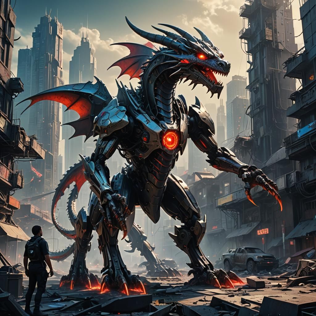 Cyberpunk Dragon in Ruined Cityscape