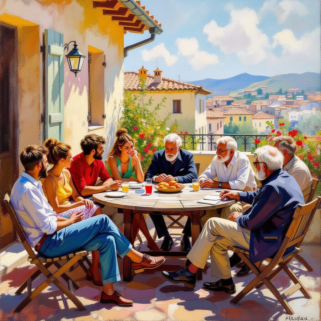 Youthful Gathering on Sunlit Terrace, Elders in Discussion