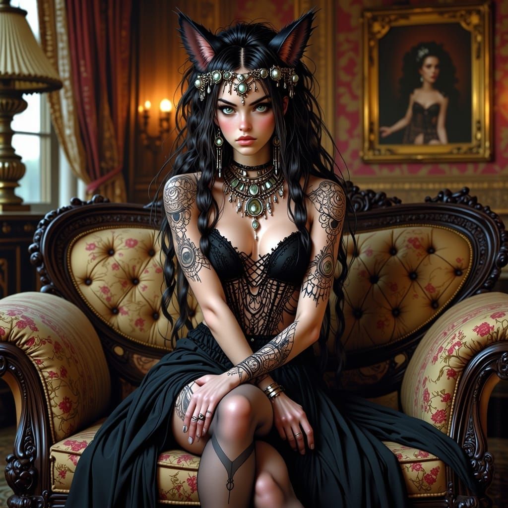 Victorian Cat Woman in Dreamlike Matte Painting