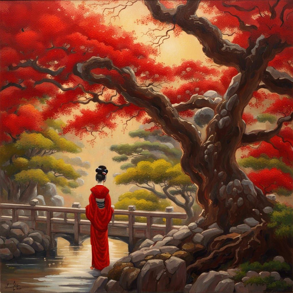 Geisha in Japanese Garden Oil Painting