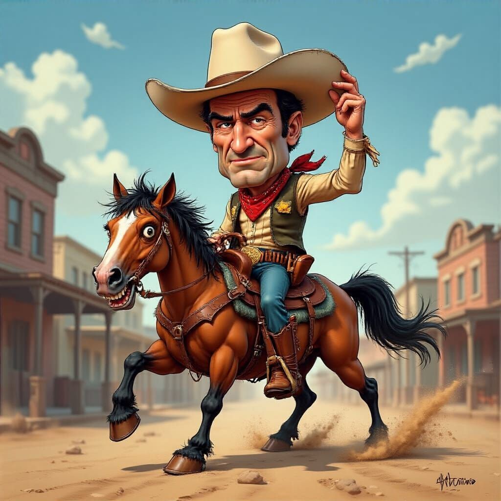 Caricature of John Wayne as a Cowboy in Old West Town