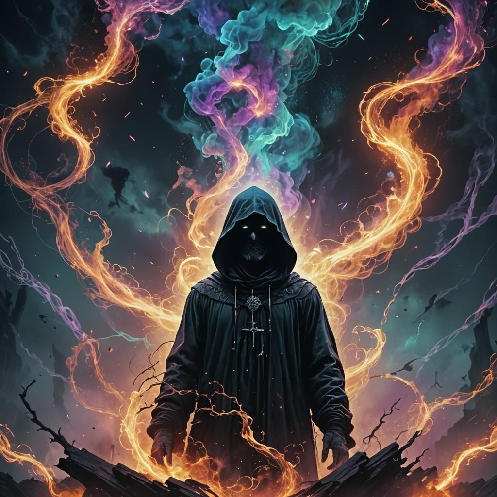 Ethereal Hooded Figure in Gothic Astral Illustration