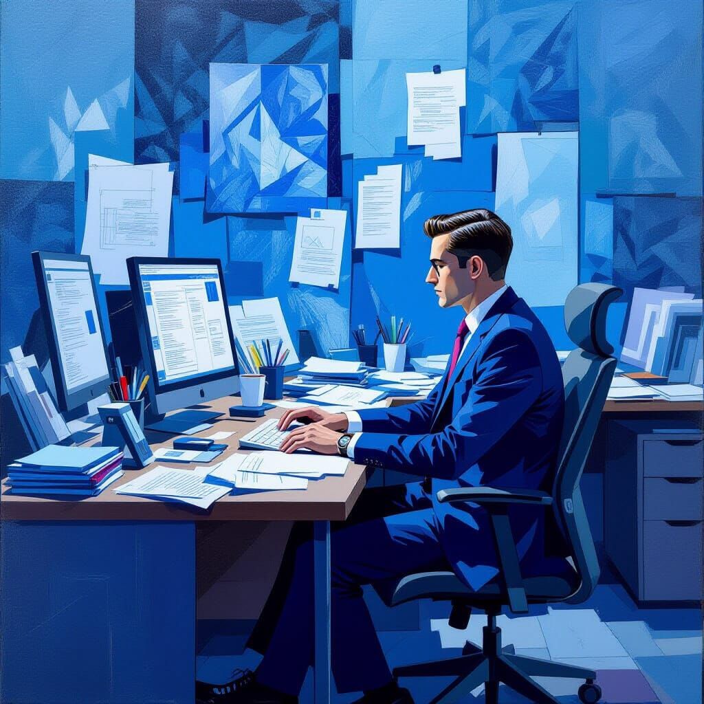 Office Worker Blues in Picasso's Blue Period Style