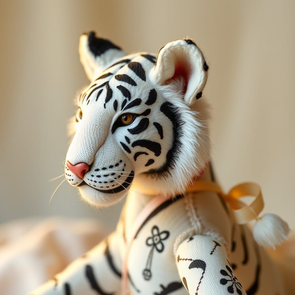 Whimsical White Bengal Tiger Doll in Hand-Stitched Fabrics