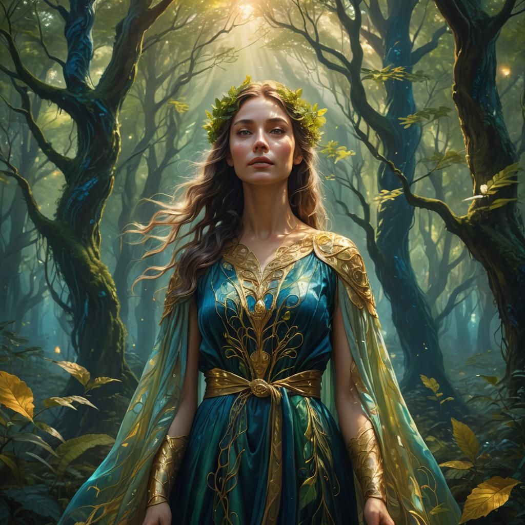 Mystical Woman in Luminous Forest: Digital Art