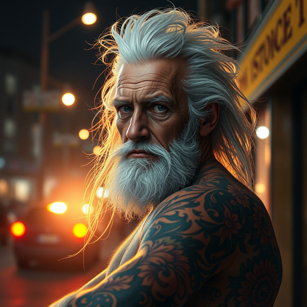 Defiant Tattooed Man in Dynamic Lighting, Digital Art
