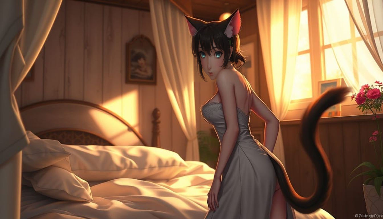 Anime-Inspired Catgirl in a Seductive Gown
