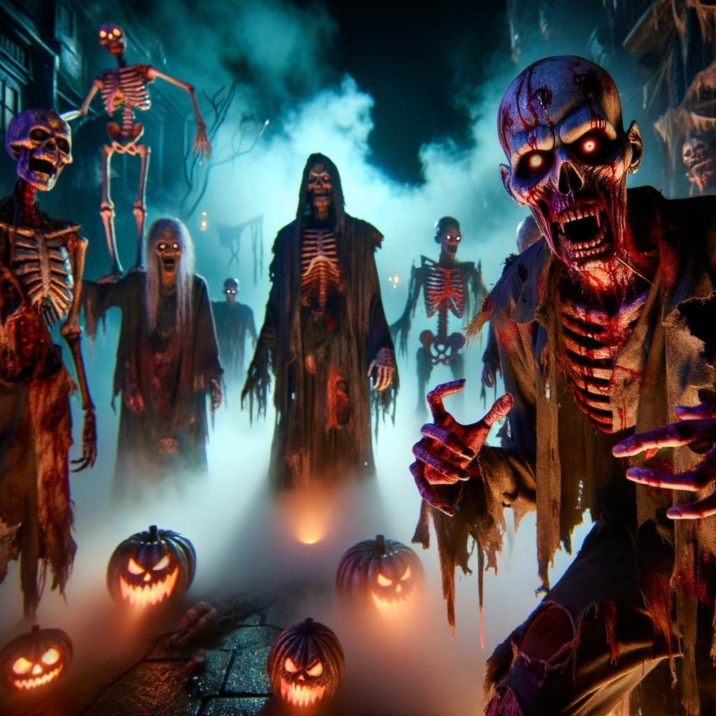 Spooky Night Parade of Undead Beings in Foggy Street