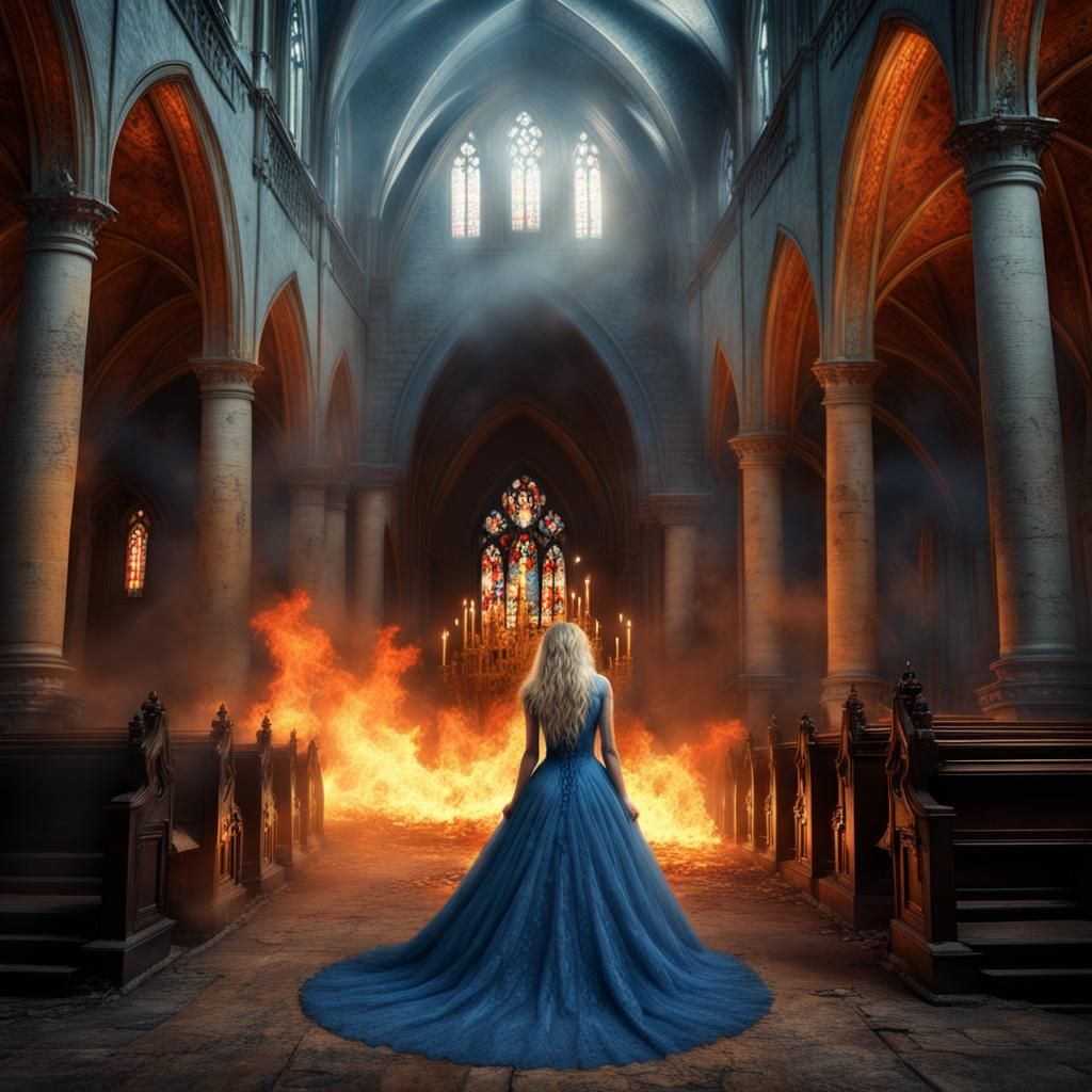 Goth Bride Crying Before Burning Church
