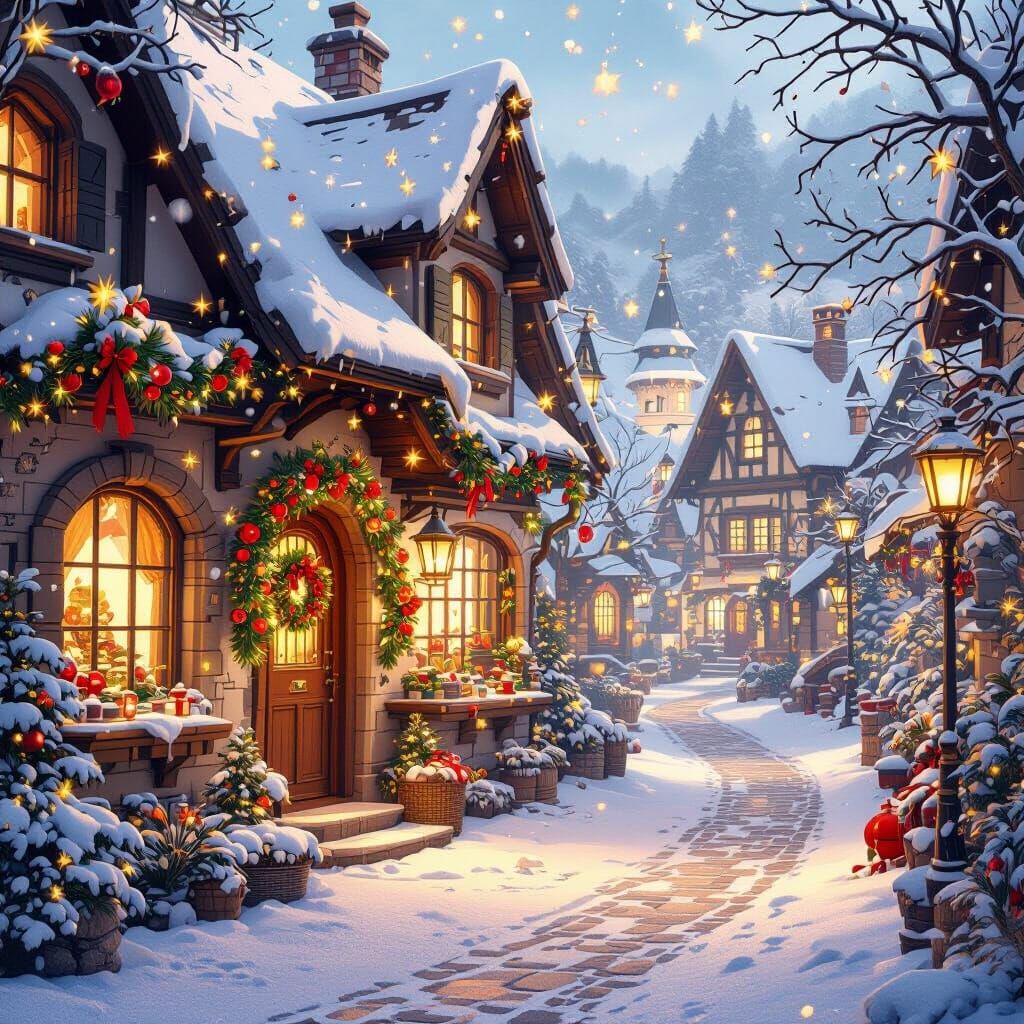 Cozy Christmas Village in Vibrant 3D Anime Style