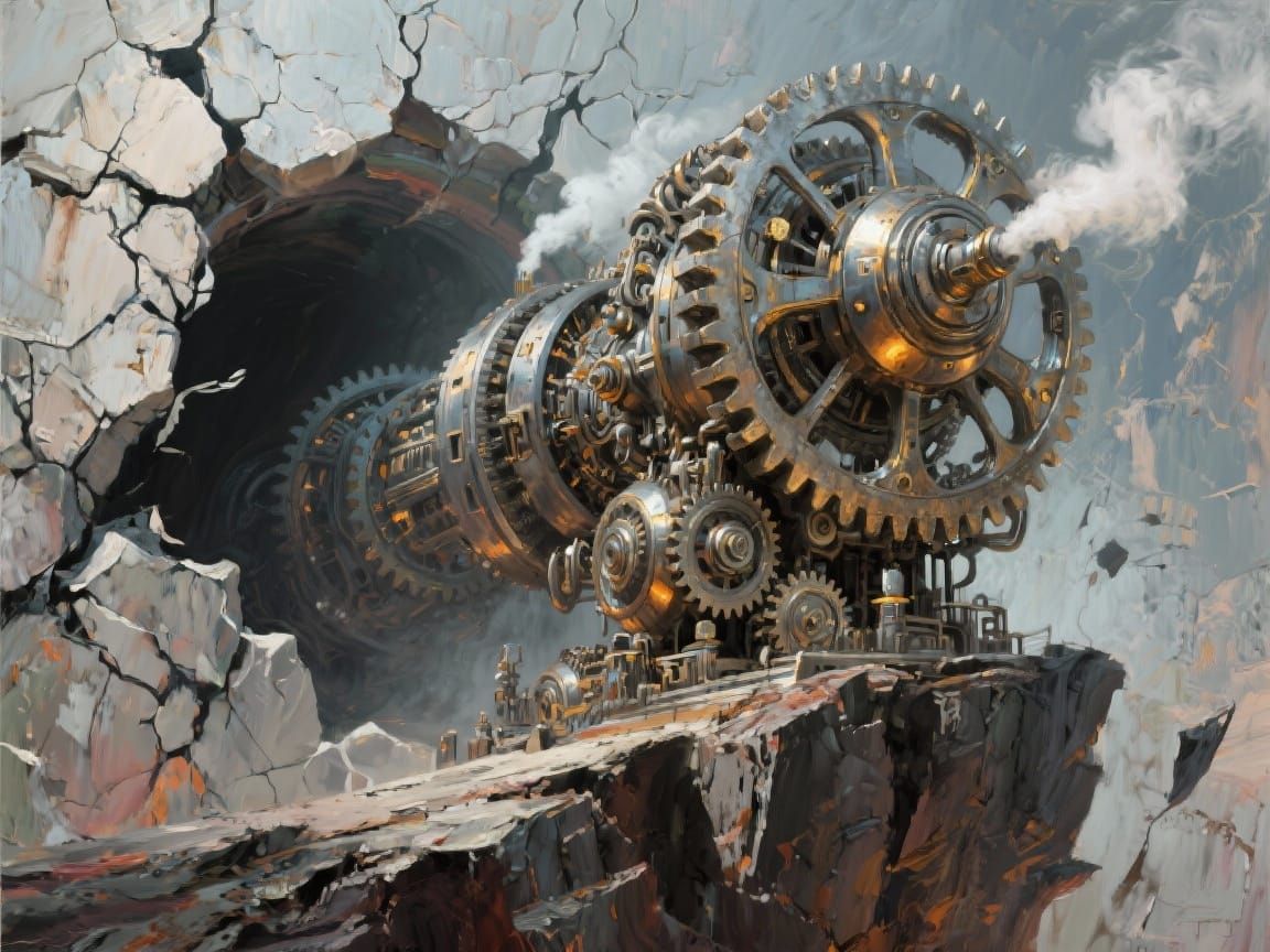 A colossal, intricate megamachine, gears grinding and steam ...