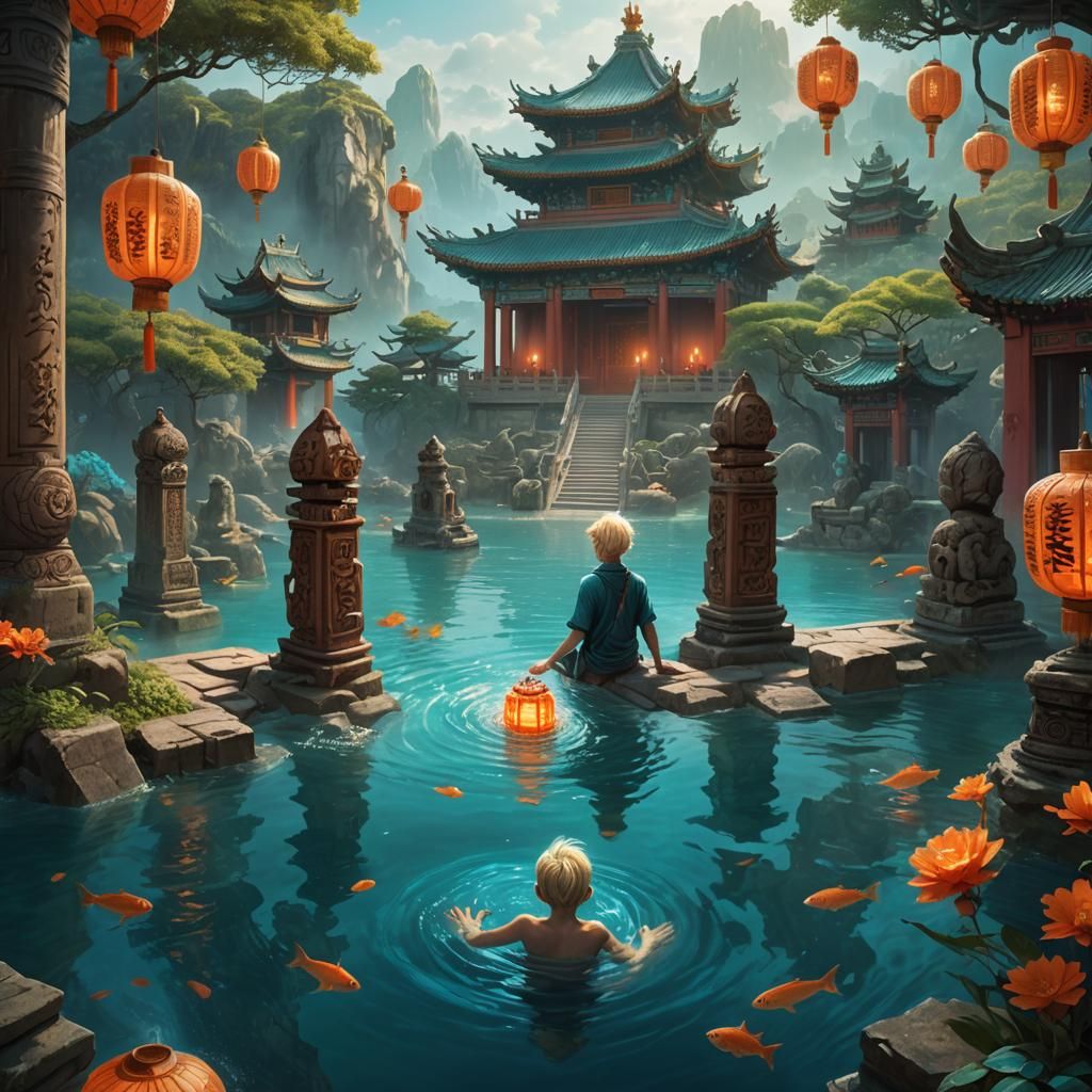 Boy Swimming Near Chinese Temple in Fantasy Art
