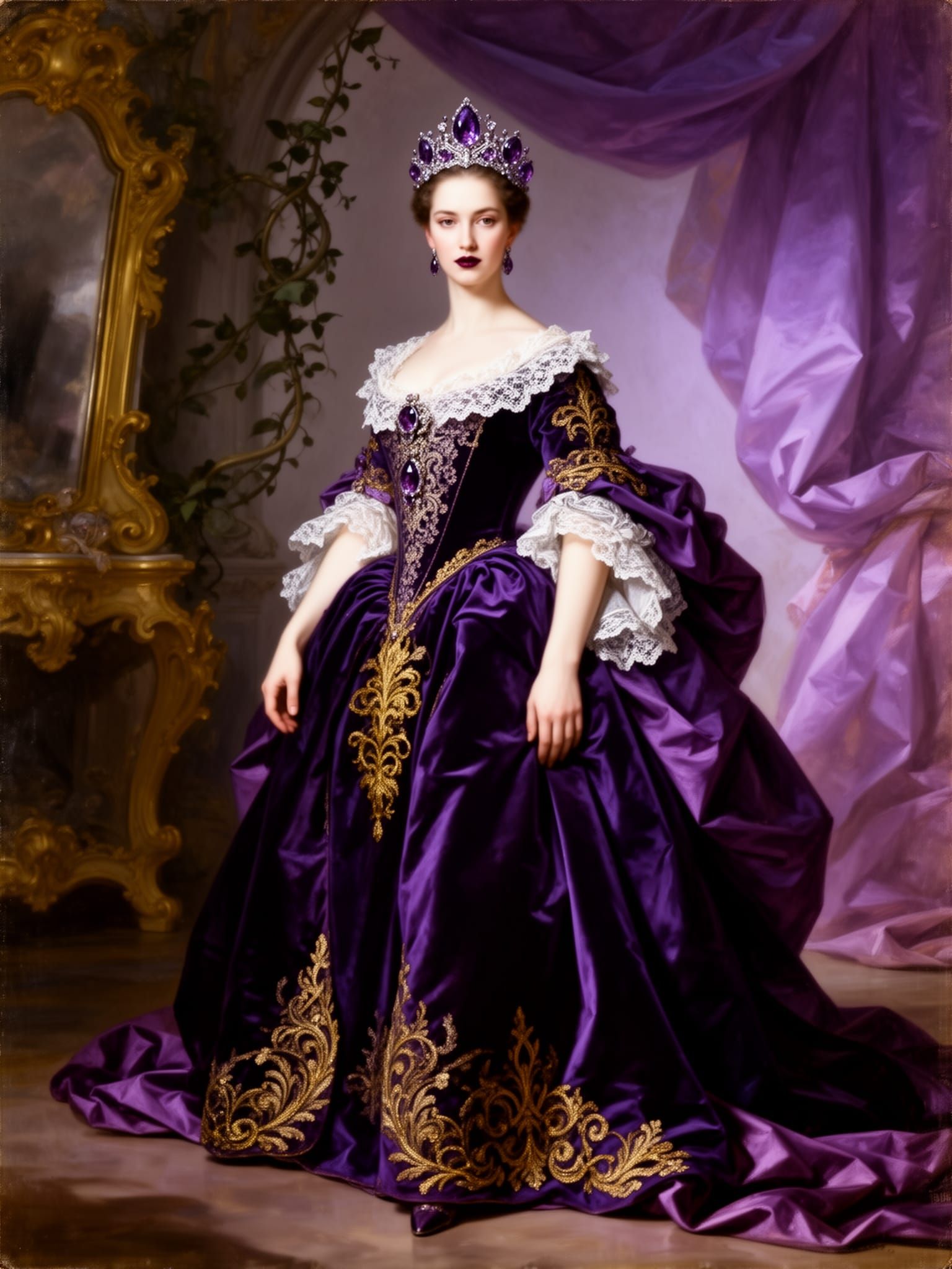 Regal Purple Queen in Baroque Portrait