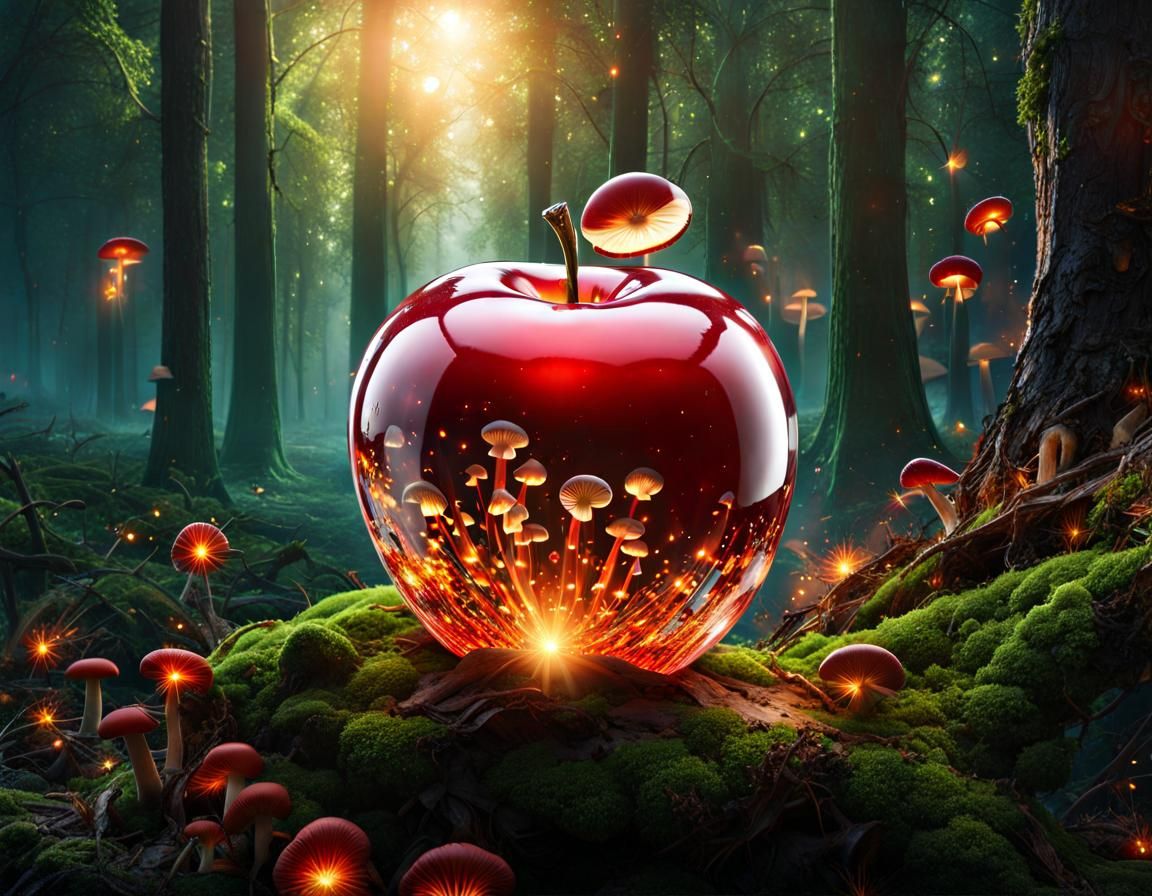 Shattered Crystal Apple in a Glowing Forest