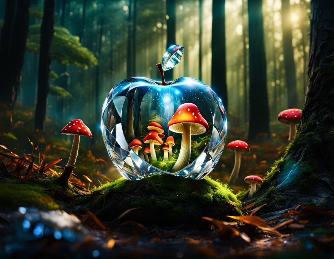 Crystal Apple Shattering in Glowing Forest