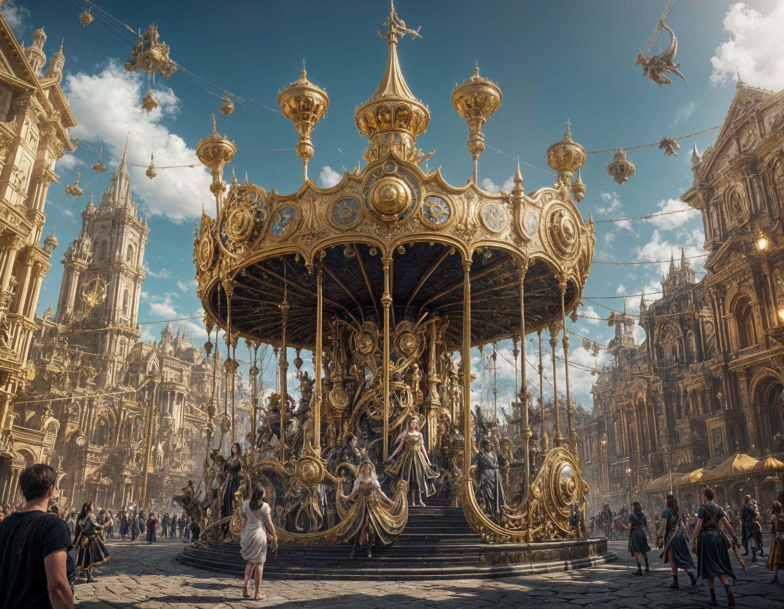 Detailed Golden Merry-Go-Round Fantasy Art