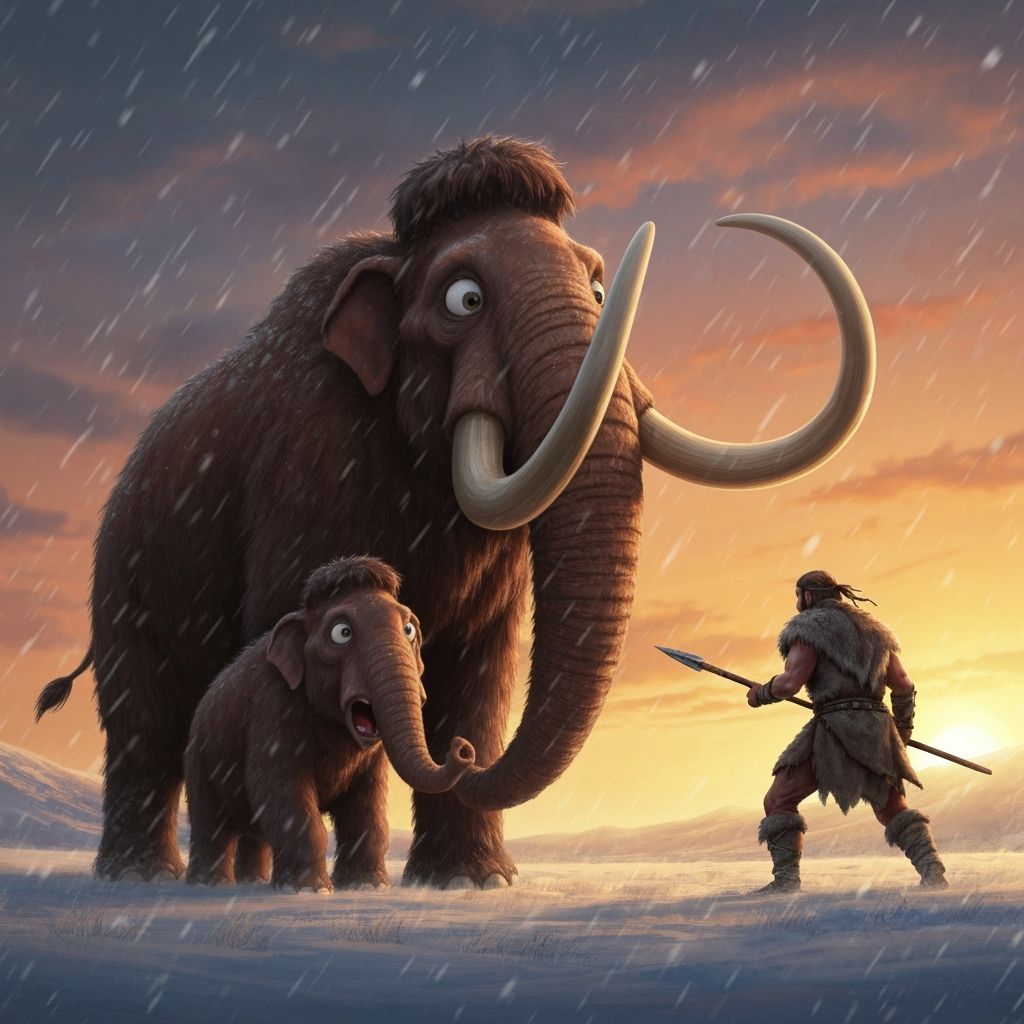 Mammoth Family's Flight from Hunter, Dramatic Lighting