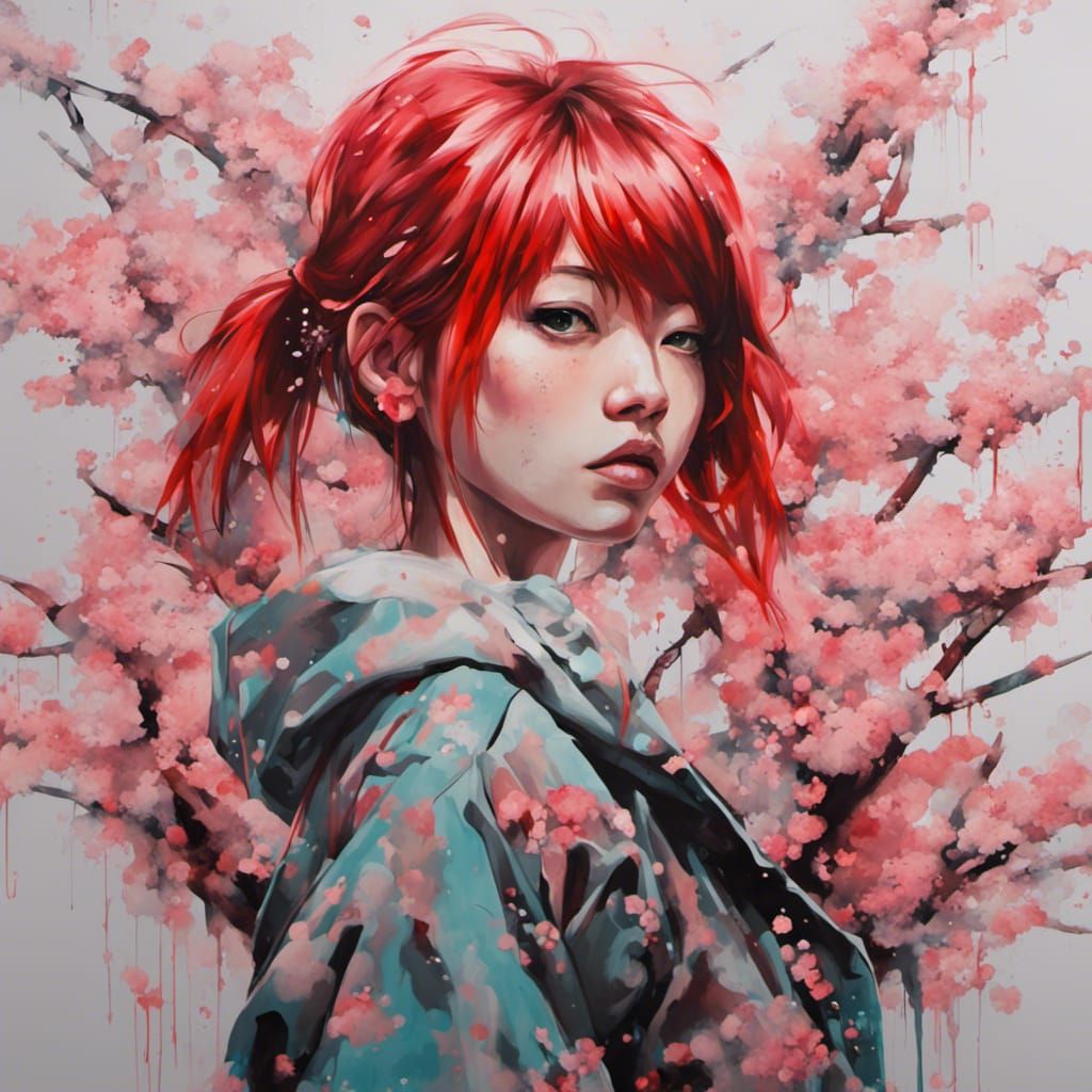 Red-Haired Girl Among Sakura Trees in Graffiti Art