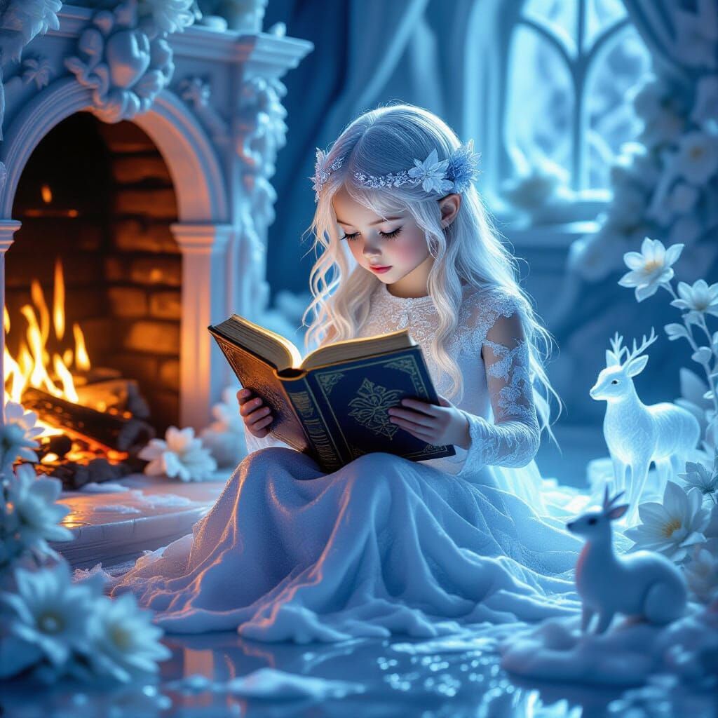 Ice Girl Reading by Firelight in Magical Realism Style