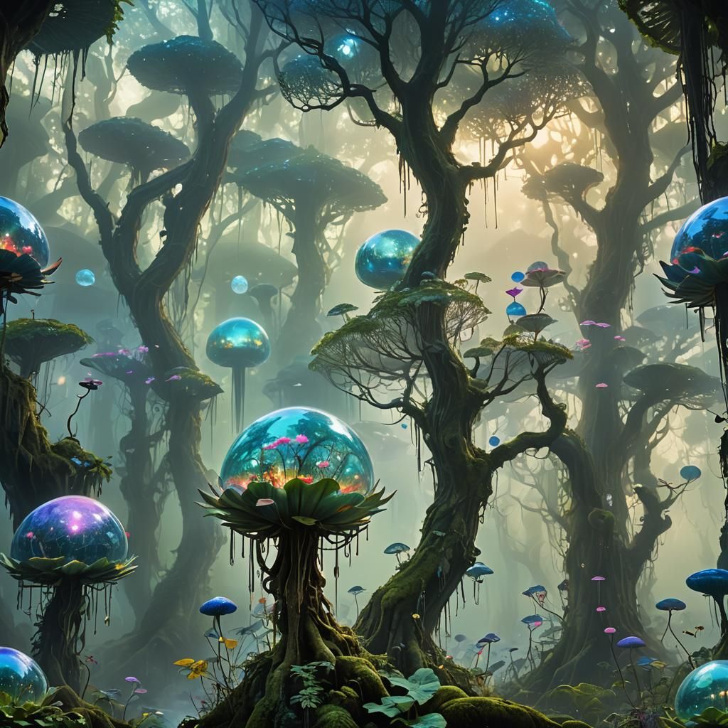 Enchanted Forest Orbs with Ethereal Architecture