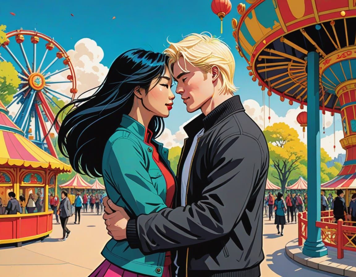 Couple's Embrace in Theme Park, Comic Art Style