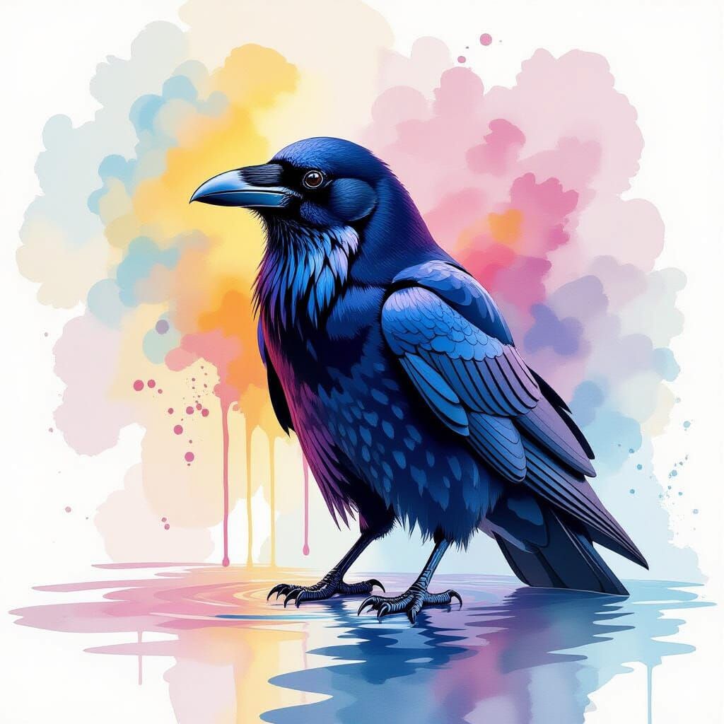 Raven in Puddle, Alcohol Ink Watercolor Splash Art