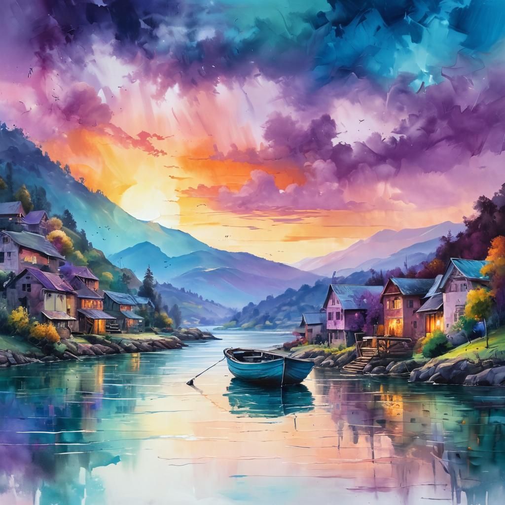 Purple and Teal Landscape: Colorful Oil Painting