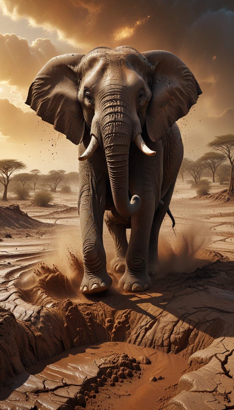 Surreal Elephant Trapped in Molten Quicksand