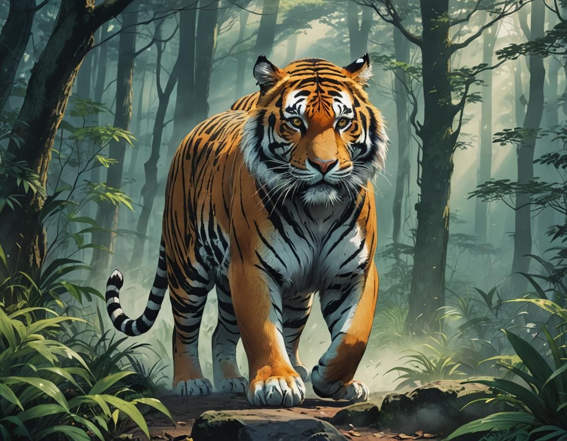 Tiger in Japanese Forest: Vibrant Anime Art
