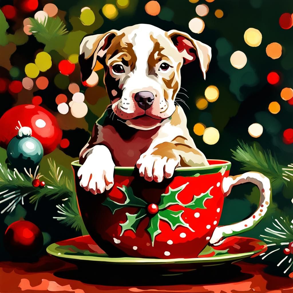 Pitbull Puppy in Christmas Teacup: Gouache Impressionism