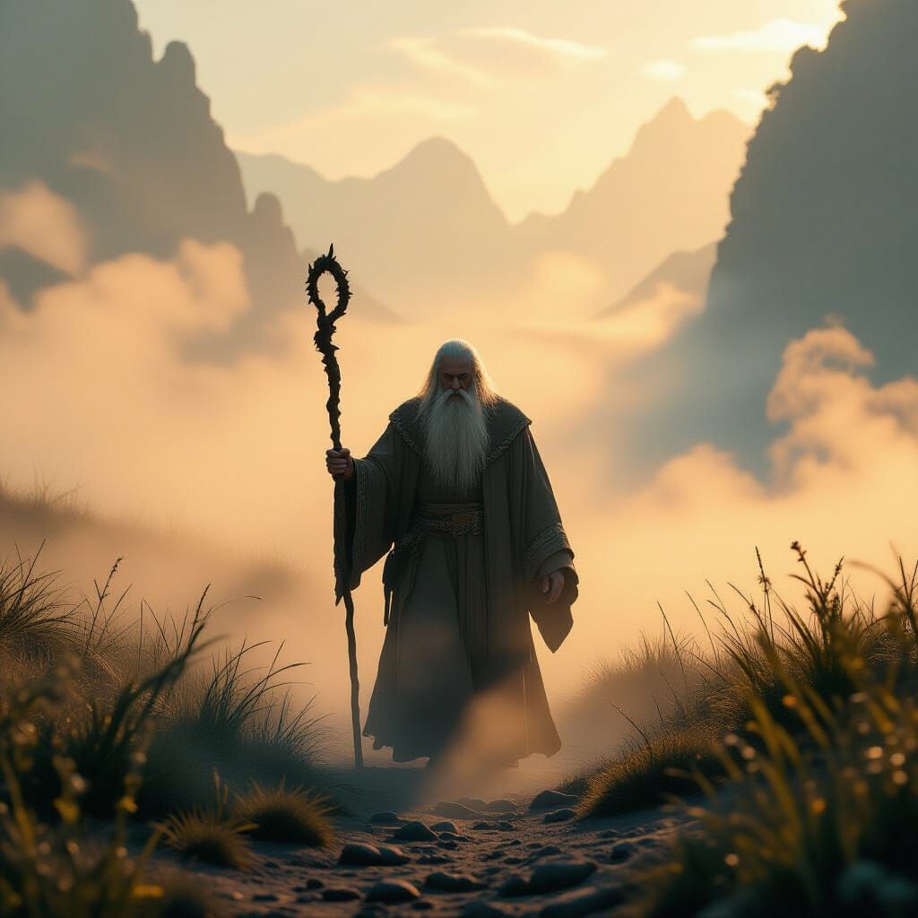 Ancient Figure Emerges From Mist in Cinematic Lighting