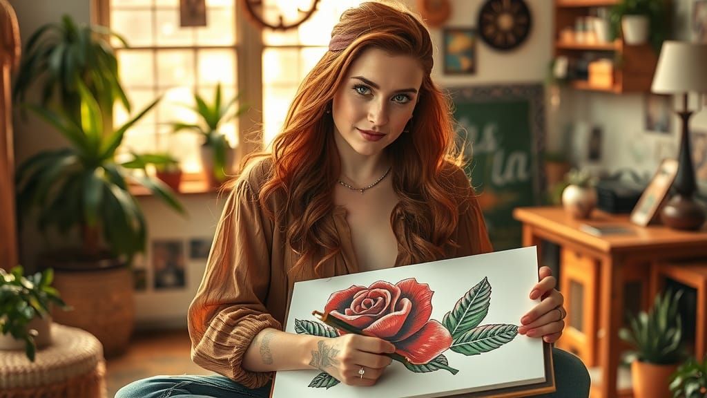 Bohemian Tattoo Artist Sketches Rose in Cozy Studio