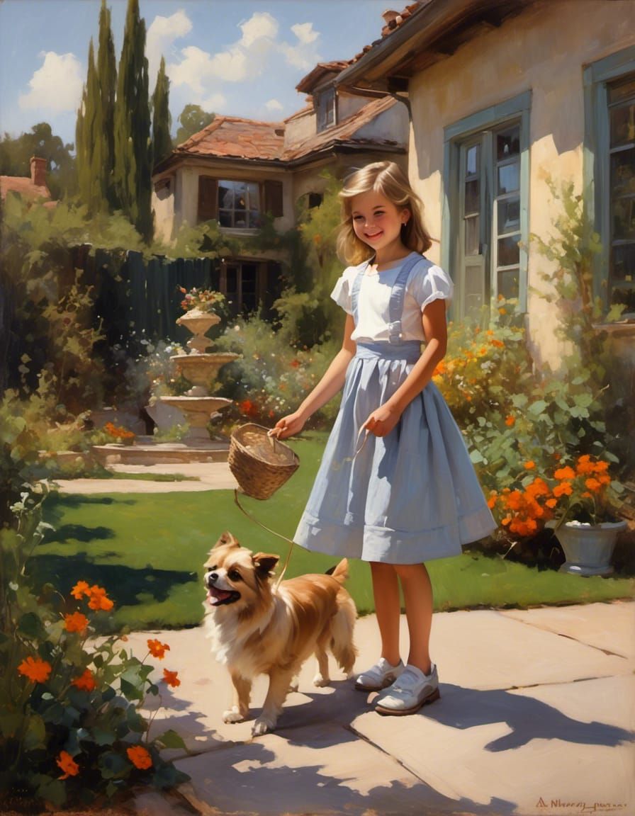 Girl and Dog Play in Sunny Garden, Gurney Style