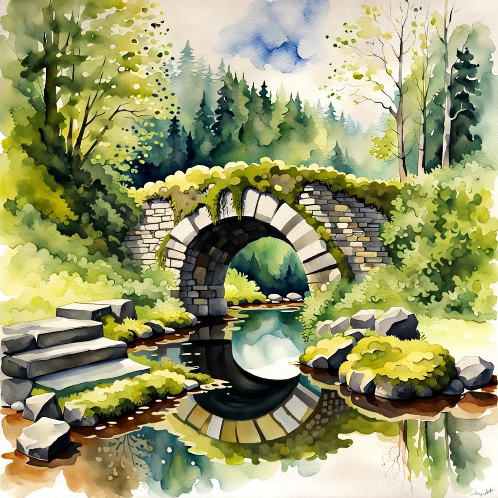 Watercolor Circle Bridge: Kromlau's Devil's Bridge