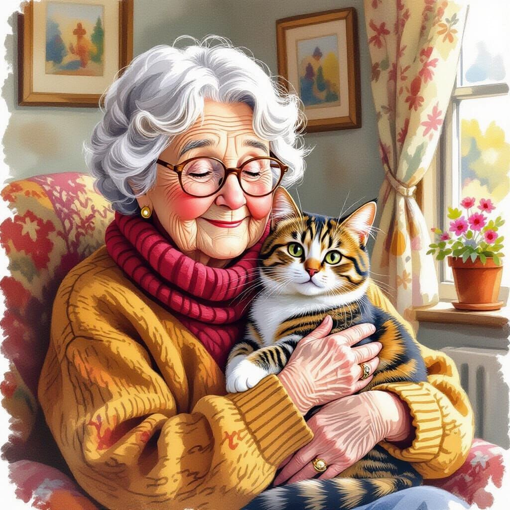 Cozy Old Lady With Tabby Cat, Beatrix Potter Style