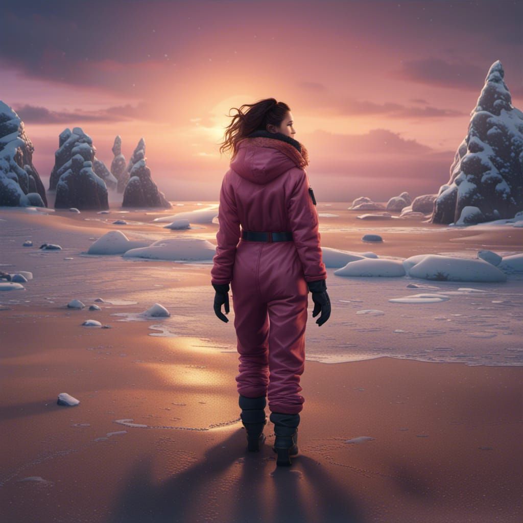 Woman in Snowsuit at Twilight Beach: Detailed Matte Painting