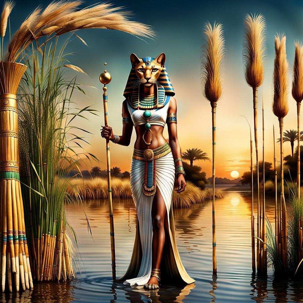 Egyptian Goddess Bastet by the Nile: Photorealistic