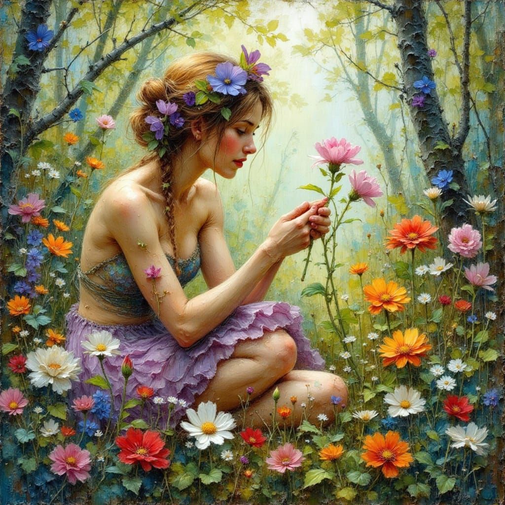 Dryad Picking Flowers as Impasto Oil Painting