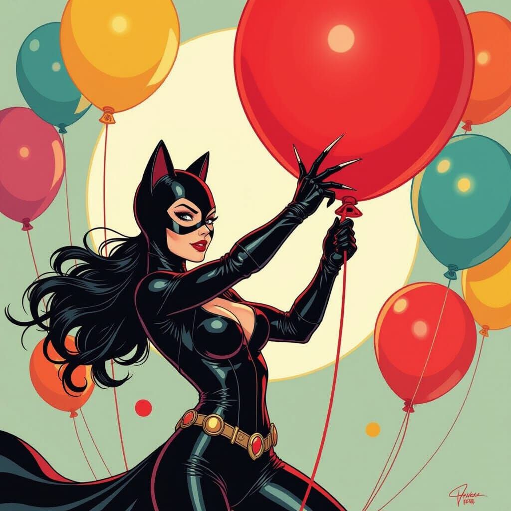 Catwoman Slashes Giant Balloon in Comic Art Nouveau Style