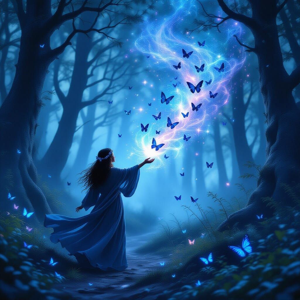 Mystical Ancient Forest at Twilight: Druid and Butterflies