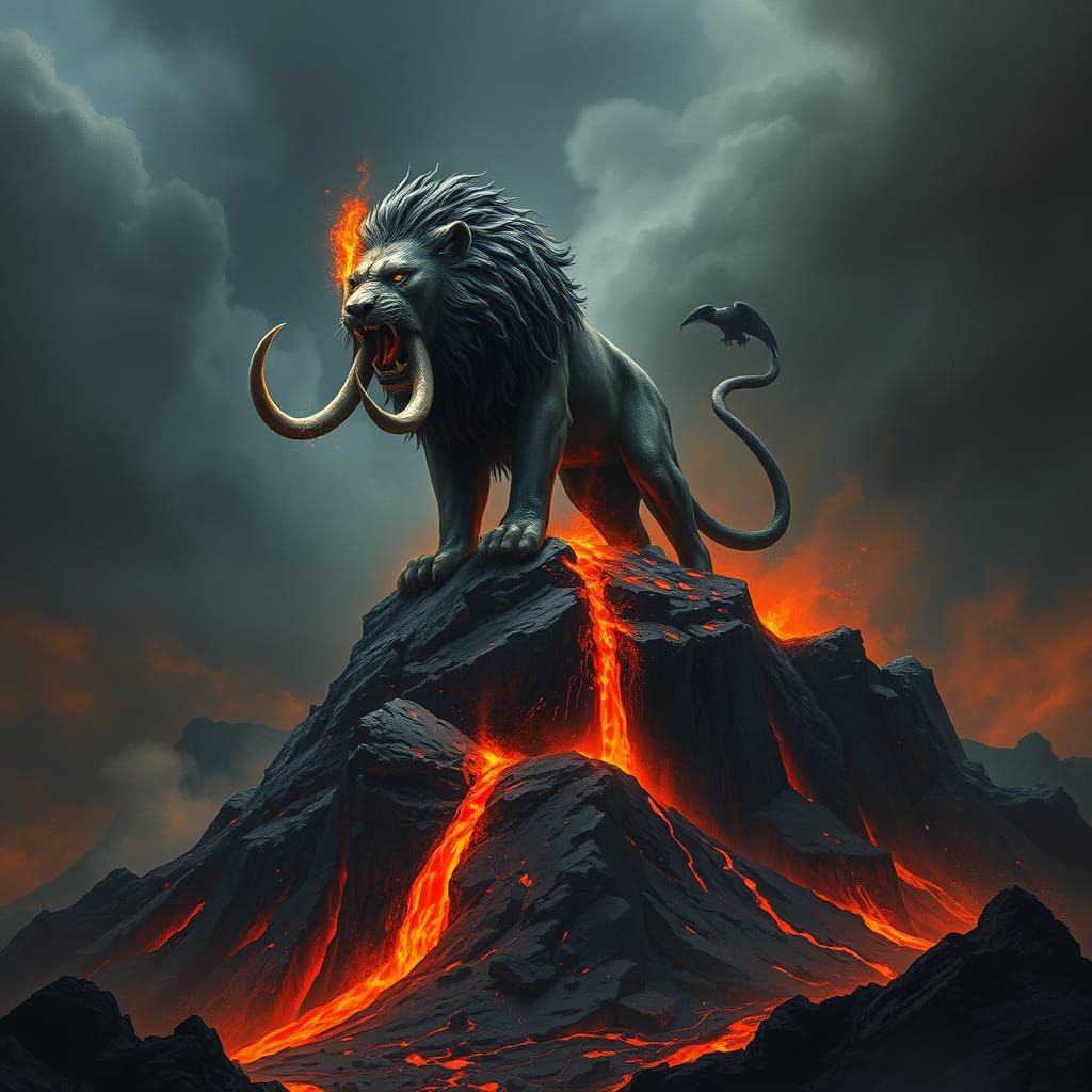 Lion-Elephant Lava Fountain on Volcano in Ominous Style