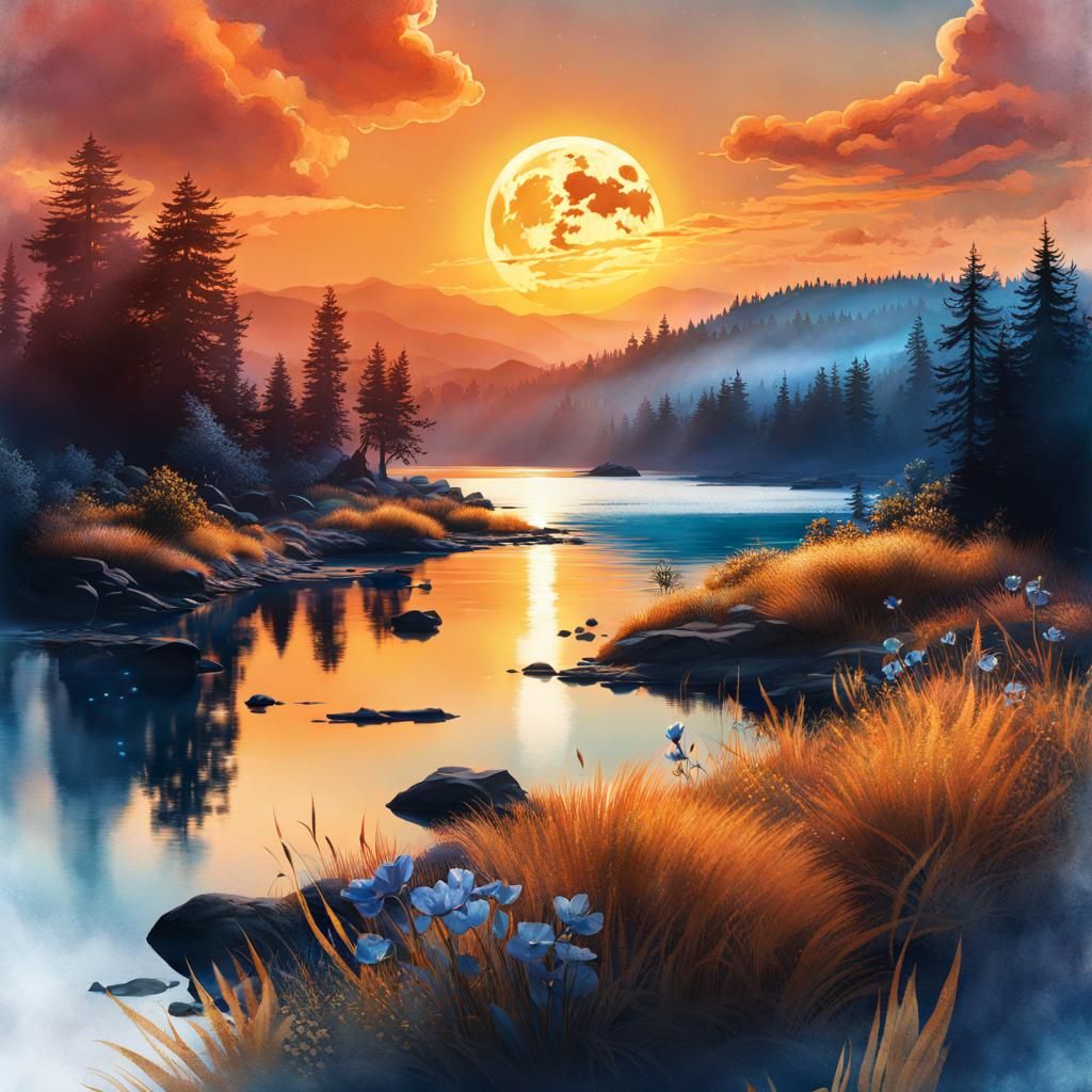 Dramatic Blood Moon Watercolor Illustration