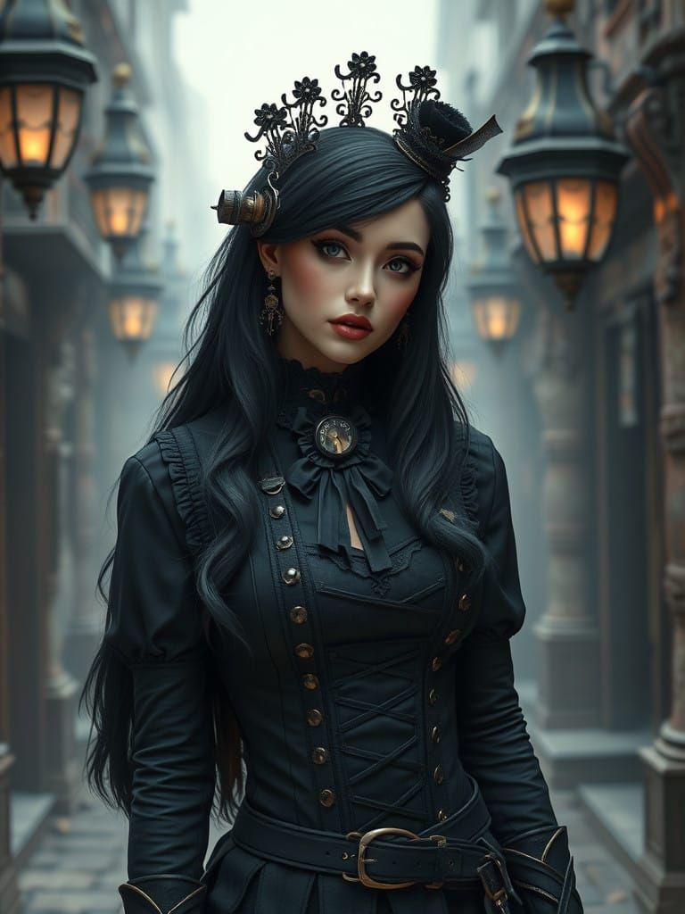 Victorian Steampunk Goddess in Dark Elegance