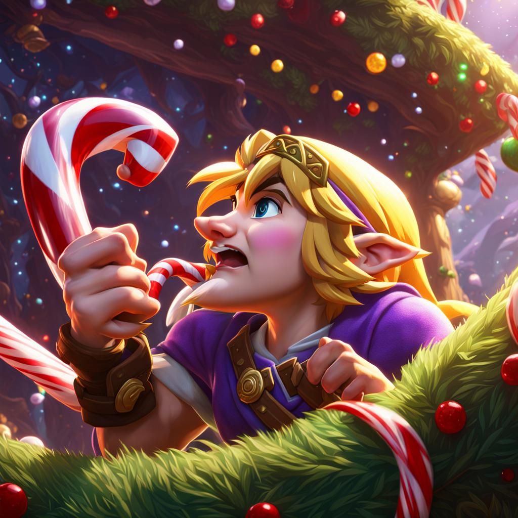 Hyperdetailed Buff Link Licking a Candy Cane