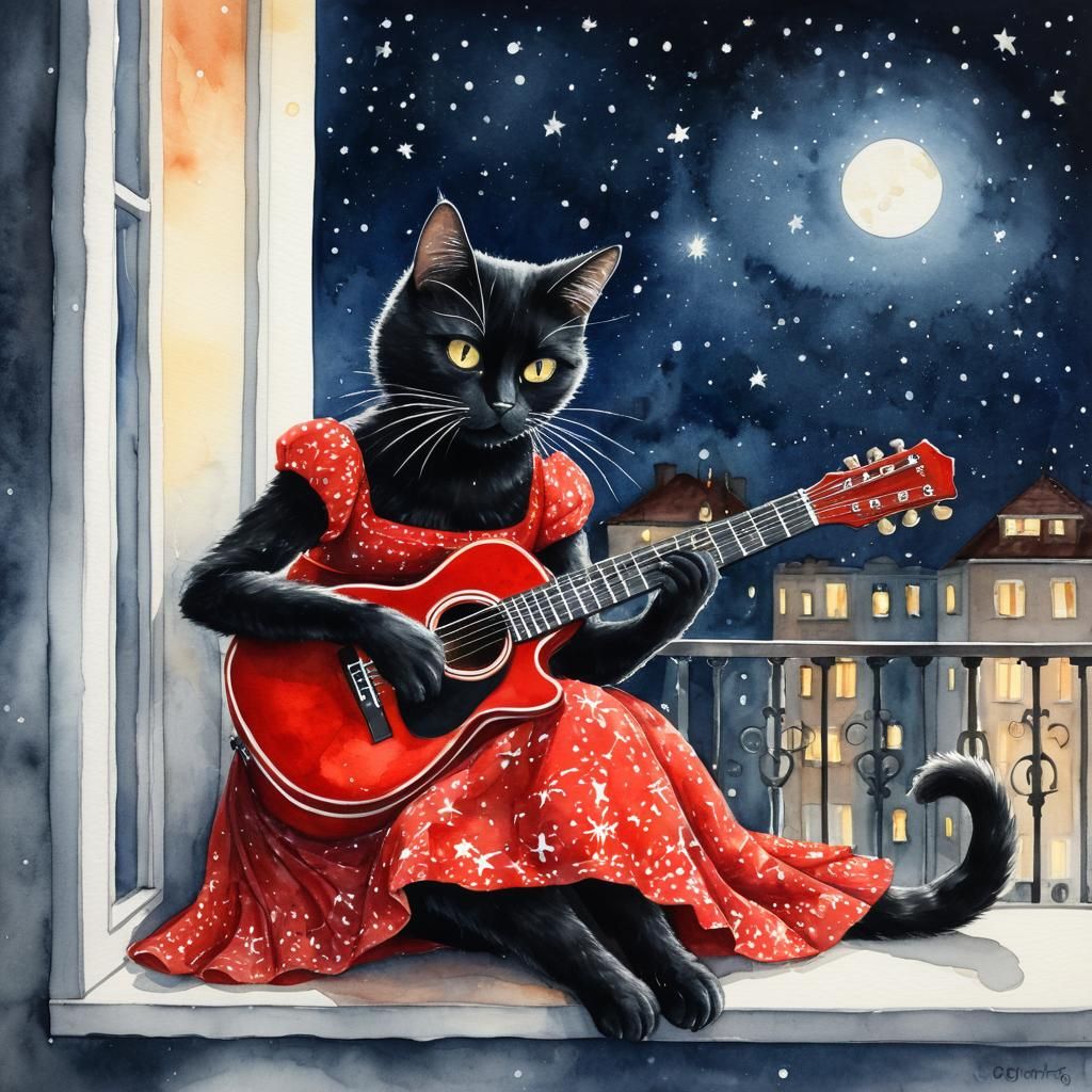 Black Cat's Night Serenade: A Watercolor Dream