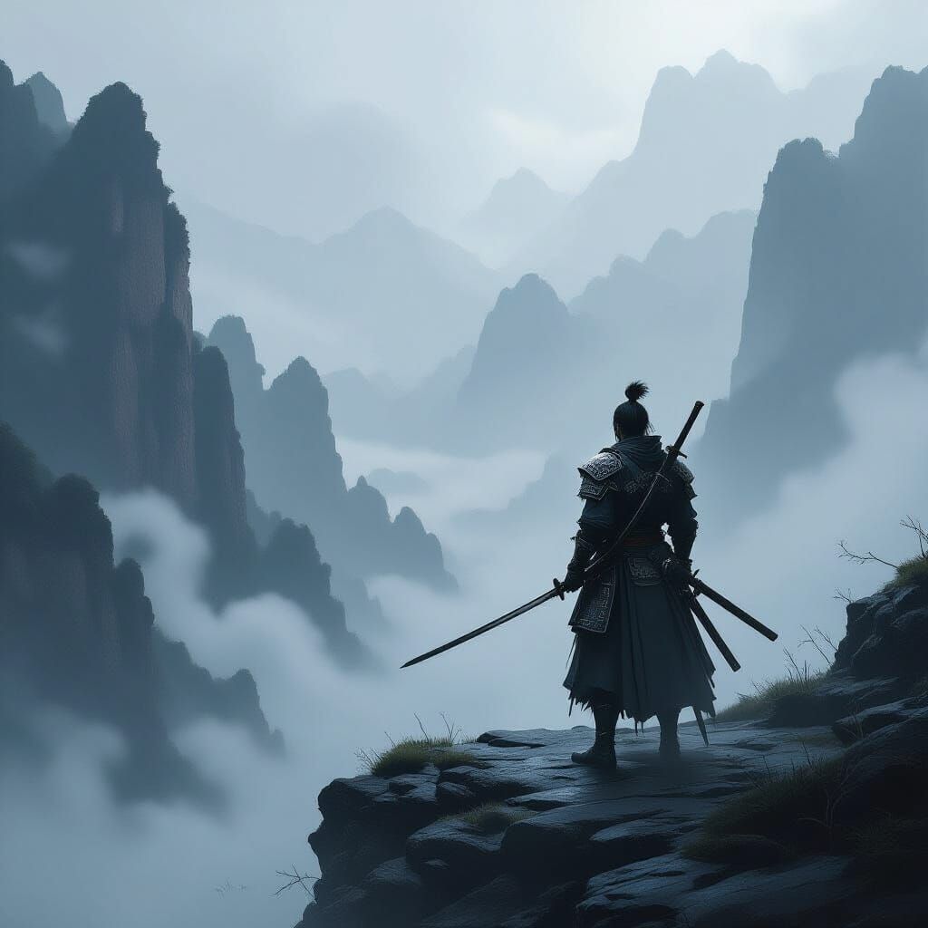 Samurai Warrior on Cliff Overlooking Misty Valley